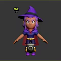 Witch Character with Purple Hat and Black Cat in Blue Outfit and Red Striped Socks