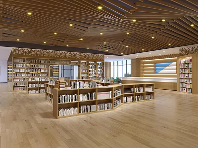School Library With Wooden Ceiling Bookshelves Natural Light And Spacious Reading Area 3d model