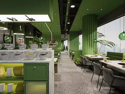 Modern Green Hotpot Restaurant Interior With Dining Seating Plant Decor And Food Bowls 3d model