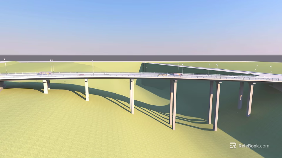 Modern Highway Bridge With Pillars Vehicles Blue Sky And Green Landscape 3d model 