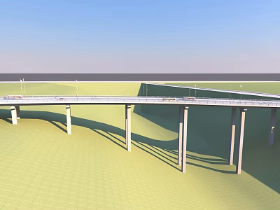 Modern Highway Bridge With Pillars Vehicles Blue Sky And Green Landscape 3d model