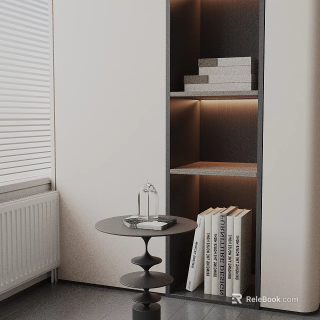 Contemporary Sofa and Coffee Table Set with Illuminated Shelving Books Window Blinds and Decorative Items 3d model 