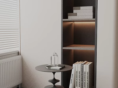 Contemporary Sofa and Coffee Table Set with Illuminated Shelving Books Window Blinds and Decorative Items 3d model