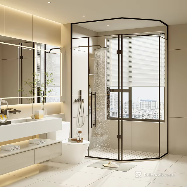 Modern Bathroom Interior Design Featuring Glass Shower Enclosure Vanity Mirror Plant And City View 3d model 