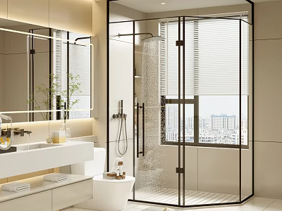 Modern Bathroom Interior Design Featuring Glass Shower Enclosure Vanity Mirror Plant And City View 3d model