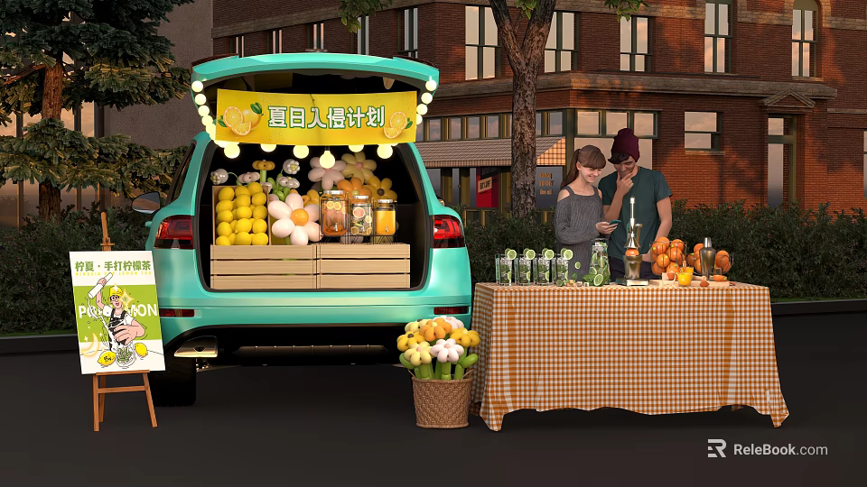 Open Car Trunk Fresh Fruit Display With Oranges Lemons And Table Drinks 3d model
