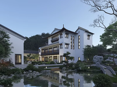 Serene Traditional Chinese Garden Landscape With White Buildings Black Roofs Pond Reflections And Trees 3d model
