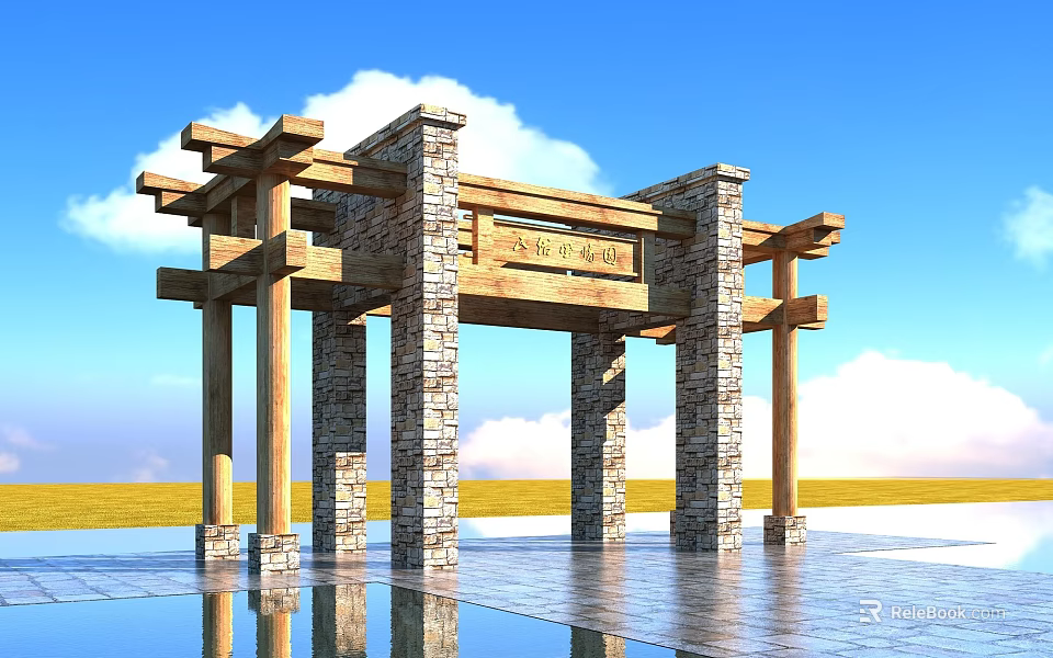 Traditional Chinese Memorial Archway With Wooden Stone Structure And Water Reflection 3d model 