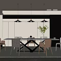 Modern Luxury Restaurant Interior With Dining Table Chairs Pendant Lights And Green Plants