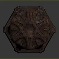 Wooden Hexagonal Decorative Structure With Textured Surface And Carved Roof Design