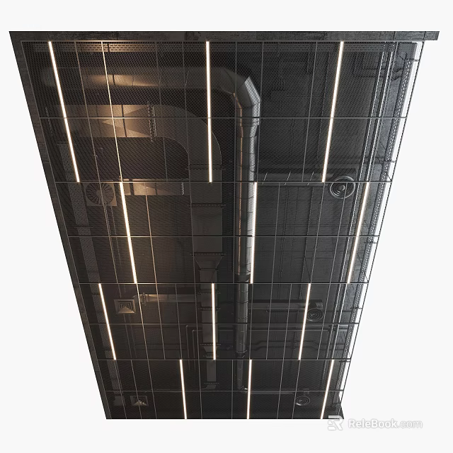 Industrial Ceiling Design With Metal Grid And Linear Lighting Elements 3d model 