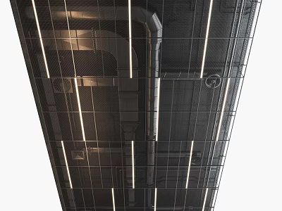 Industrial Ceiling Design With Metal Grid And Linear Lighting Elements 3d model