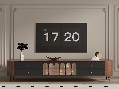 Wooden TV Stand With Drawers Glass Doors And TV On Decorative Wall 3d model