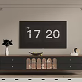 Wooden TV Stand With Drawers Glass Doors And TV On Decorative Wall