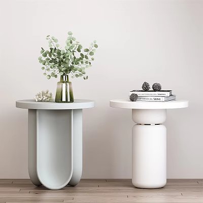 Modern Gray and White Side Tables with Green Plant Vase Books and Pine Cones 3d model