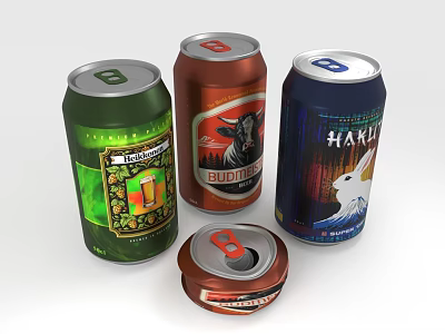 Colorful Assorted Beer Cans in Green Red Blue with Open Pull Tab 3d model