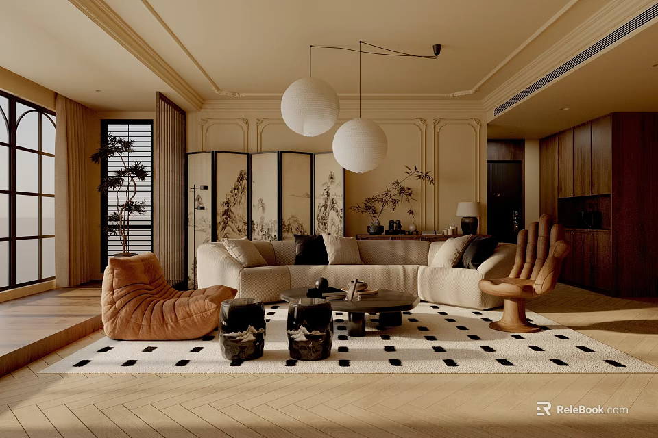Modern Living Room Interior With Beige Sofa Armchairs Pendant Lights And Patterned Rug 3d model 