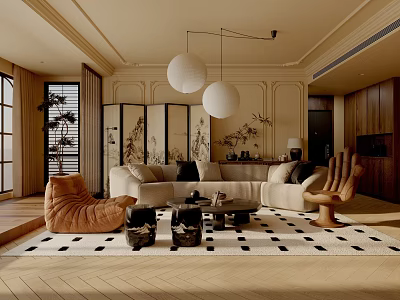 Modern Living Room Interior With Beige Sofa Armchairs Pendant Lights And Patterned Rug 3d model
