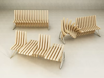Modern Outdoor Chairs With Curved Wooden Slats And Metal Legs 3d model