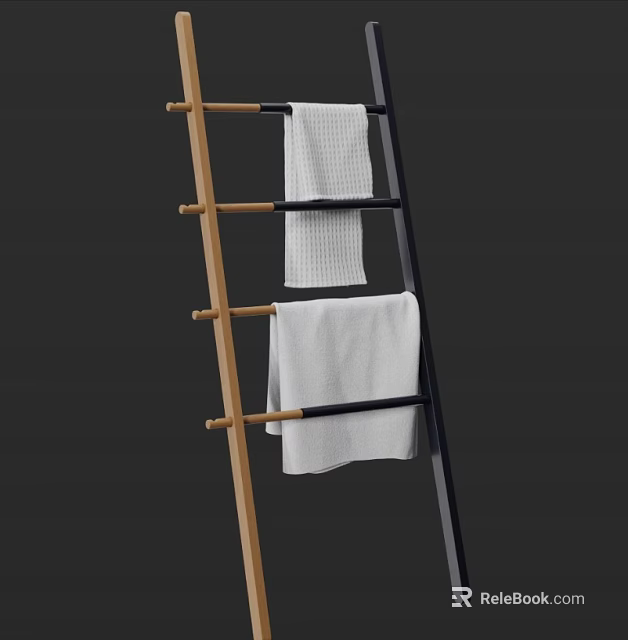 Ladder Design Bathroom Towel Rack With Wooden Frame And Hanging Towels 3d model 