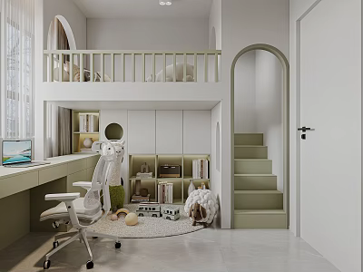 Modern Kids Room Interior Design With Bunk Bed Staircase Desk Bookshelf And Arched Door 3d model