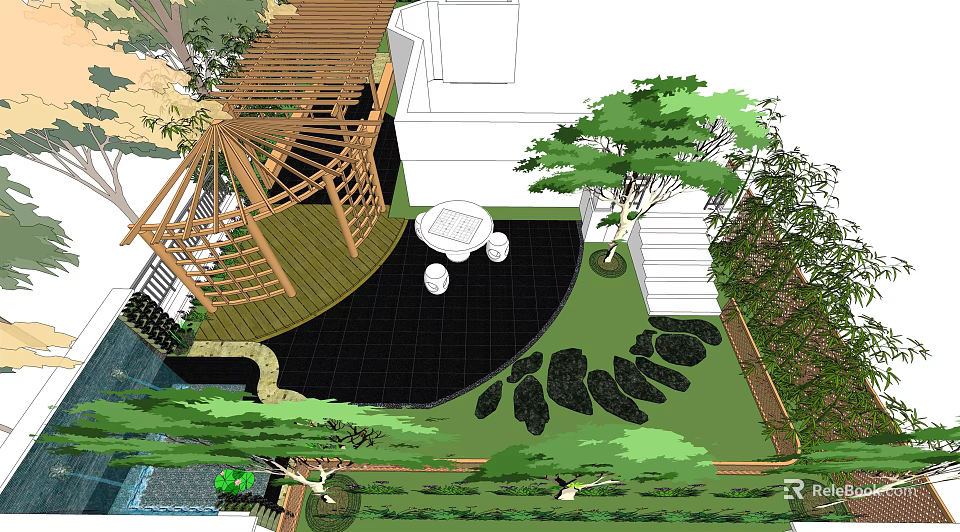 Park Landscape Design With Wooden Pergola White Table Chairs Stairs And Green Plants 3d model 