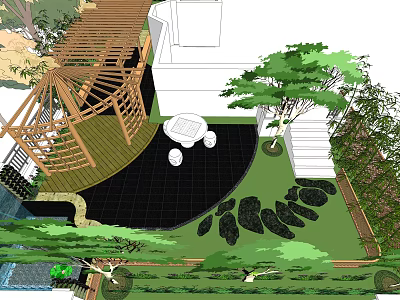 Park Landscape Design With Wooden Pergola White Table Chairs Stairs And Green Plants 3d model