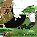 Park Landscape Design With Wooden Pergola White Table Chairs Stairs And Green Plants