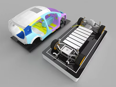 Car Deconstructed Model Showing Body Frame Battery Pack And Interior Structure 3d model