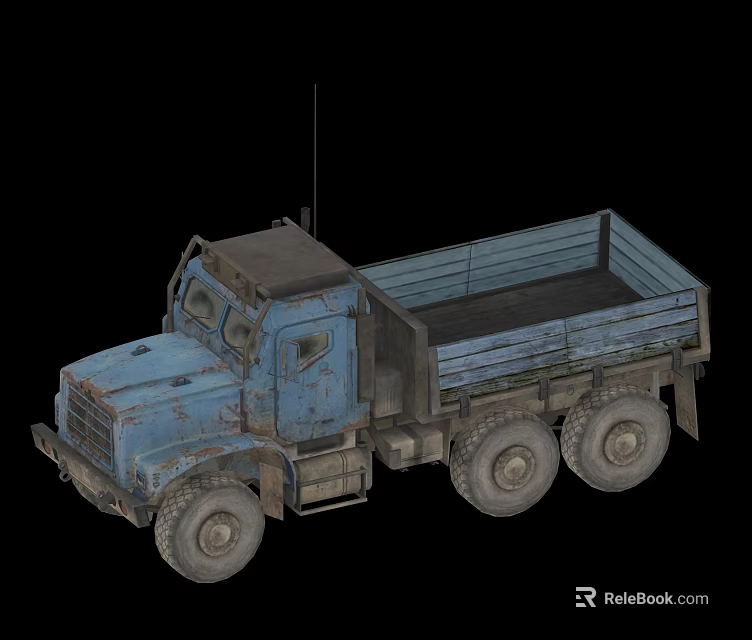 Blue Rusty Utility Truck With Flatbed Cargo Area And Six Wheels 3d model 