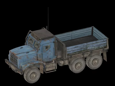 Blue Rusty Utility Truck With Flatbed Cargo Area And Six Wheels 3d model