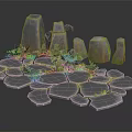 Natural Wood Stone Garden Decor With Tall Pillars Flat Slabs And Green Plants