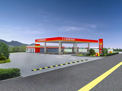 Modern Sinopec Gas Station Exterior With Fuel Pumps And Roadside Greenery 3d model