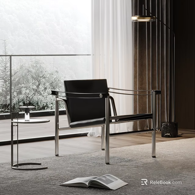 Modern Leisure Chair With Black Leather And Metal Frame Near Glass Window And Side Table 3d model 