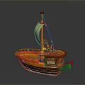 Orange Wooden Small Boat Model With Yellow Striped Sail And Cabin