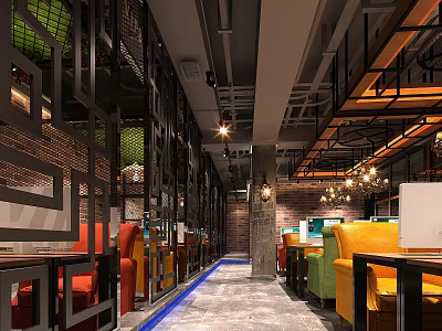 Modern Industrial Internet Cafe Interior With Colorful Seats Lighting And Computers 3d model