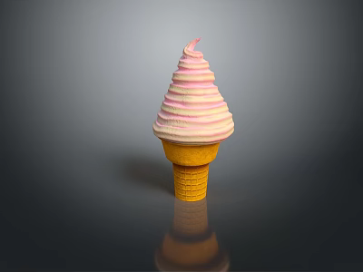 Creamy Pink And White Swirl Ice Cream In Golden Waffle Cone 3d model
