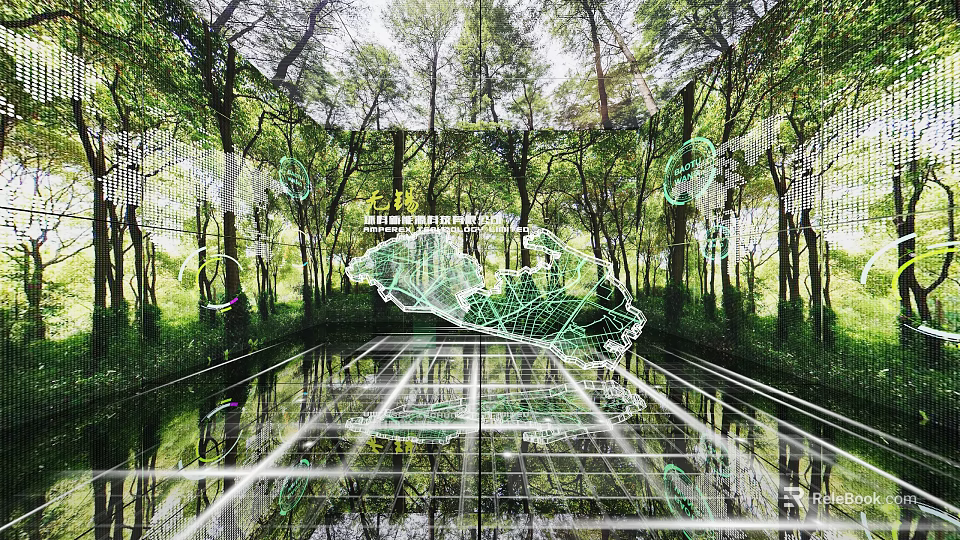 Stunning Natural Tech Exhibition Hall With Holographic Tree Projections And Mirrored Floor 3d model 