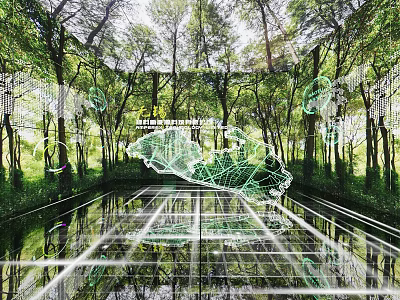 Stunning Natural Tech Exhibition Hall With Holographic Tree Projections And Mirrored Floor 3d model