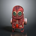 Red Steampunk Mask With Green Lenses And Metal Respirator Components