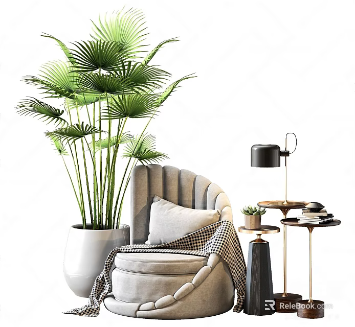 Elegant Single Sofa With Soft Pillow And Throw Blanket Beside Large Green Plant And Modern Table Lamp 3d model 
