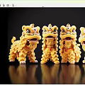 Yellow Decorative Lion Dance Statues With Detailed Manes And Bells On Black Background