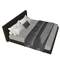 Modern Double Bed with Upholstered Headboard White Pillows Brown Cushion and Black Gray Blanket