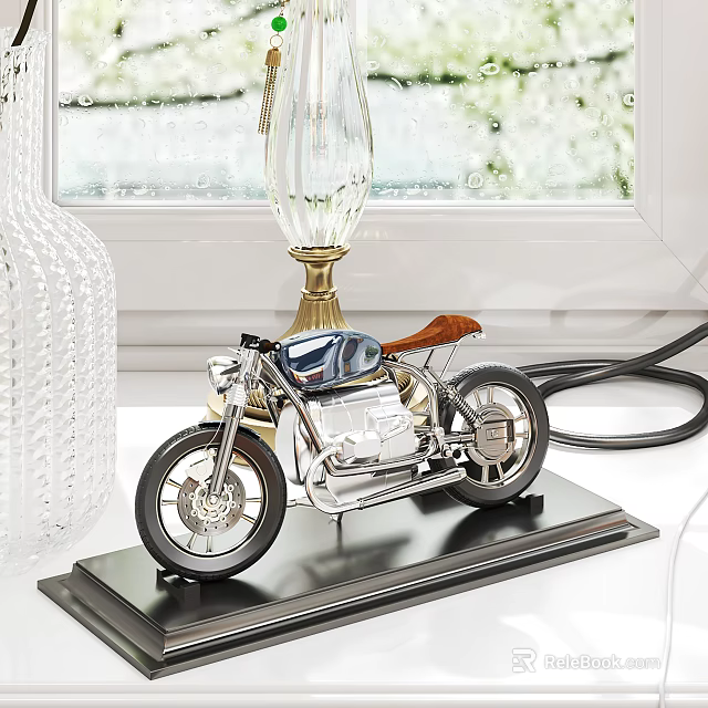 Modern Decorative Ornament Set With Motorcycle Model And Transparent Glass Decor On Black Base 3d model 