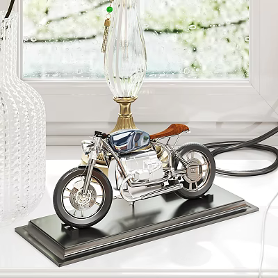 Modern Decorative Ornament Set With Motorcycle Model And Transparent Glass Decor On Black Base 3d model