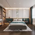 Modern Elegant Hotel Room Interior With Bed Decorative Wall Art Nightstand And Window
