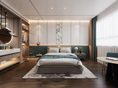 Modern Elegant Hotel Room Interior With Bed Decorative Wall Art Nightstand And Window 3d model