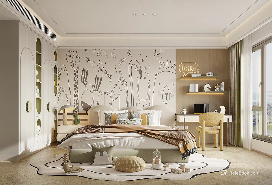 Kids Room Interior With Cartoon Wall Mural Bed Pillows Blanket Bookshelf And Decorative Rug 3d model 