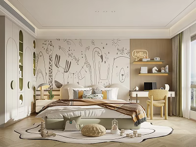 Kids Room Interior With Cartoon Wall Mural Bed Pillows Blanket Bookshelf And Decorative Rug 3d model