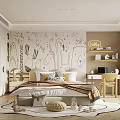 Kids Room Interior With Cartoon Wall Mural Bed Pillows Blanket Bookshelf And Decorative Rug